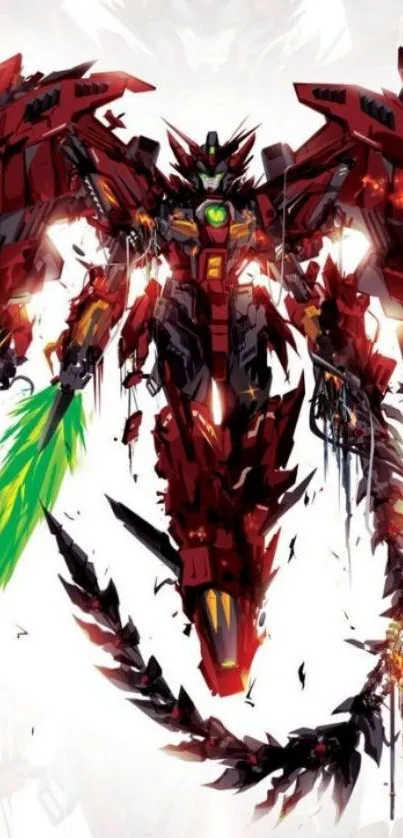 Epic robot with red armor and glowing sword in dynamic battle pose.