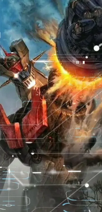 Epic robot battle mobile wallpaper with fiery explosion.