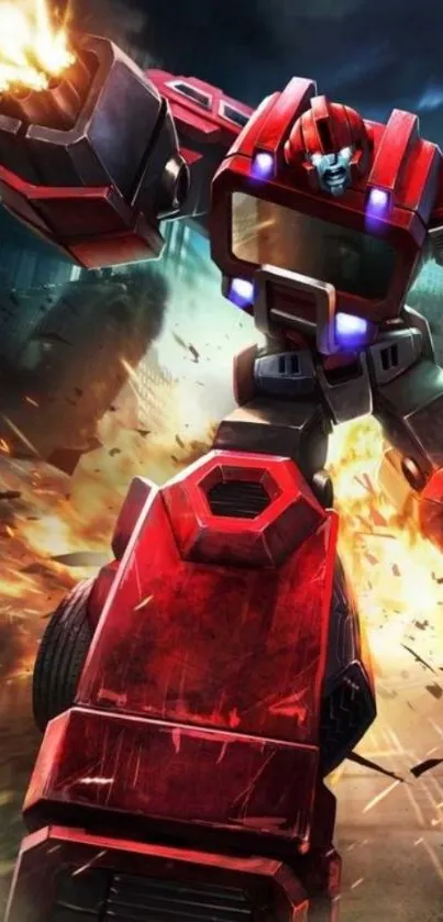 Red robot in explosive battle scene wallpaper.