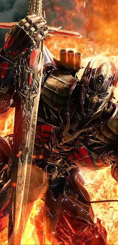 Epic robot with sword amidst fiery battle scene, vivid and dynamic.