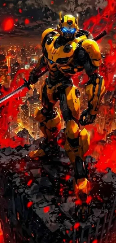 Epic robot standing over a fiery cityscape at night.
