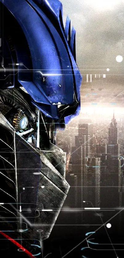 Epic robot overlooking cityscape wallpaper with dark blue tones.