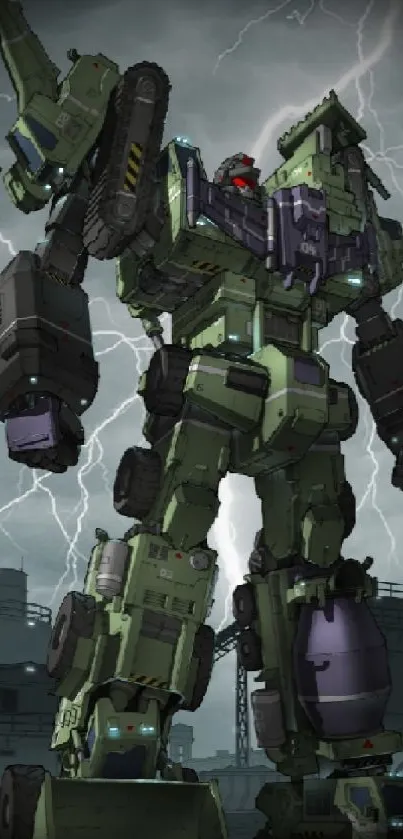 Epic robot stands tall in stormy background.