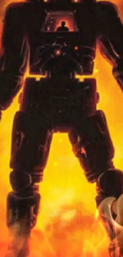 Silhouette of a robot against a fiery orange background.