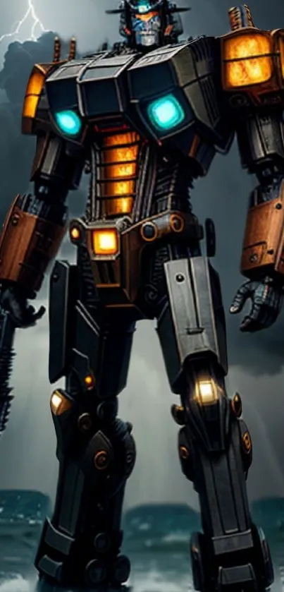 Epic robot stands in stormy skies, glowing lights.