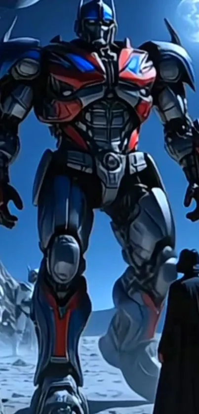 Epic robot towering under moonlit sky.