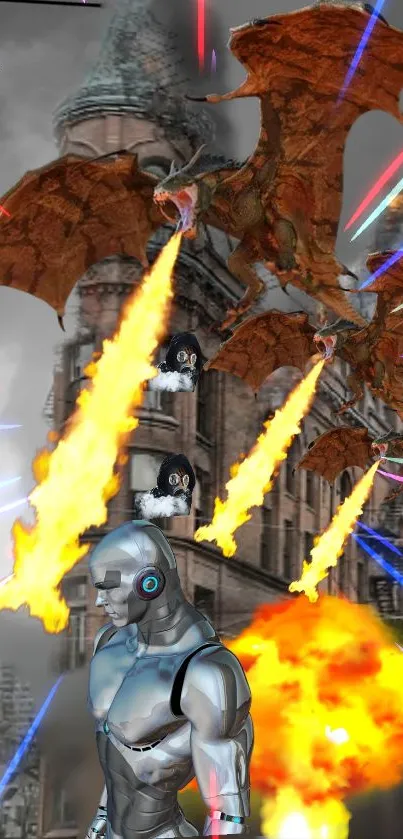 Robot battles dragons against fiery city backdrop.