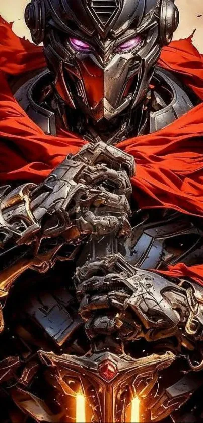 Epic robot warrior with red cape and futuristic armor.