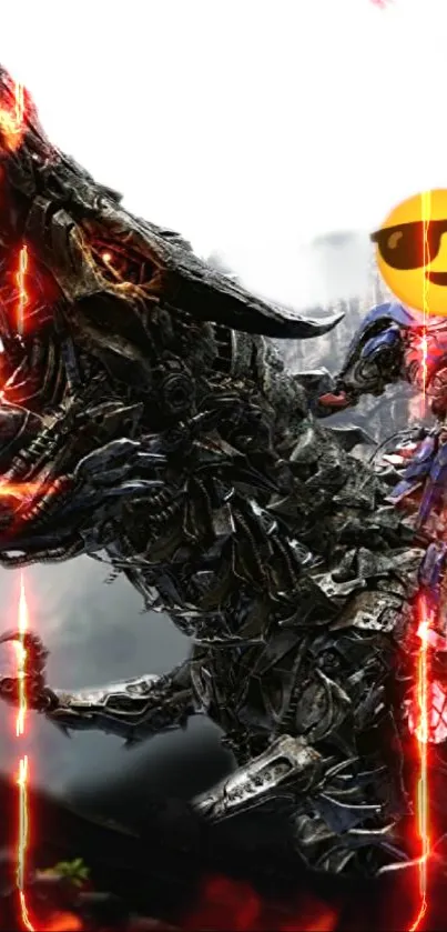 Fiery robotic dinosaur mobile wallpaper with dynamic sci-fi elements.