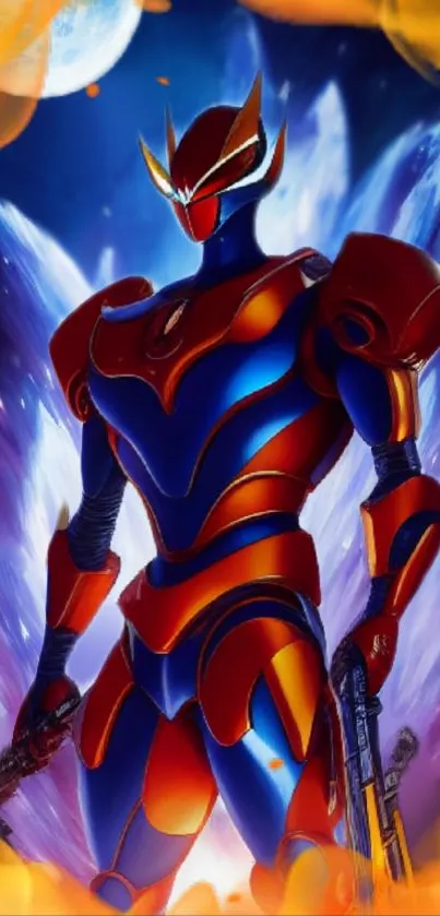 Epic futuristic robotic warrior art with vivid blue and red colors.