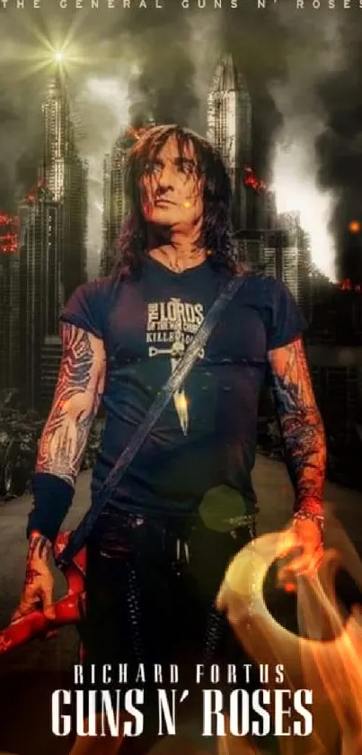 Guns N' Roses band member against a burning city backdrop.