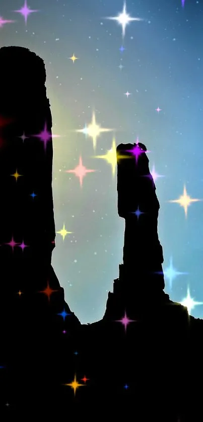 Silhouette of rock climber under starlit sky with sunset glow.