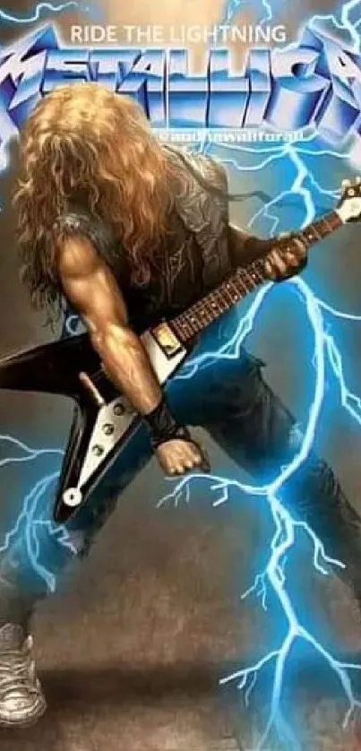 Rock guitarist with electric guitar amidst lightning strikes.