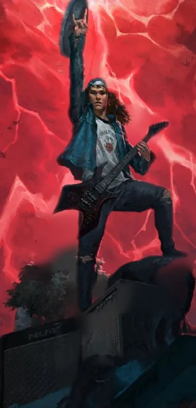 Rock guitarist in heroic pose with red lightning backdrop.