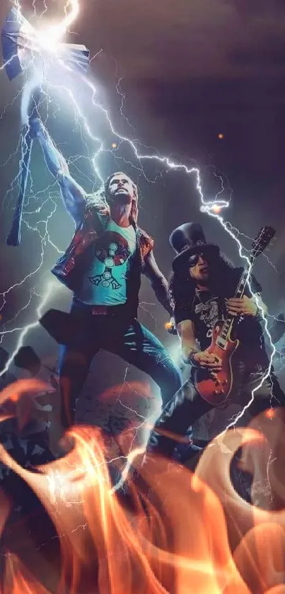 Epic rock musicians with lightning in dark purple tones.