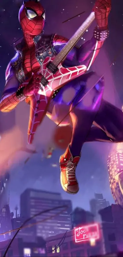 Spider-Man plays guitar in a vibrant city scene with purple hues.