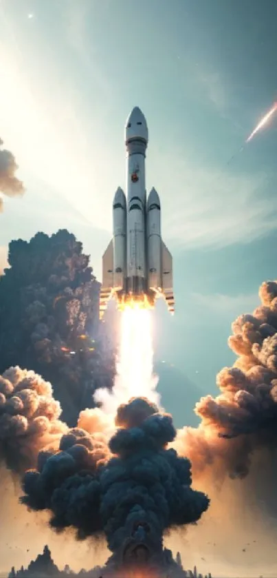 Epic rocket launch with dramatic sky and vibrant plume clouds.