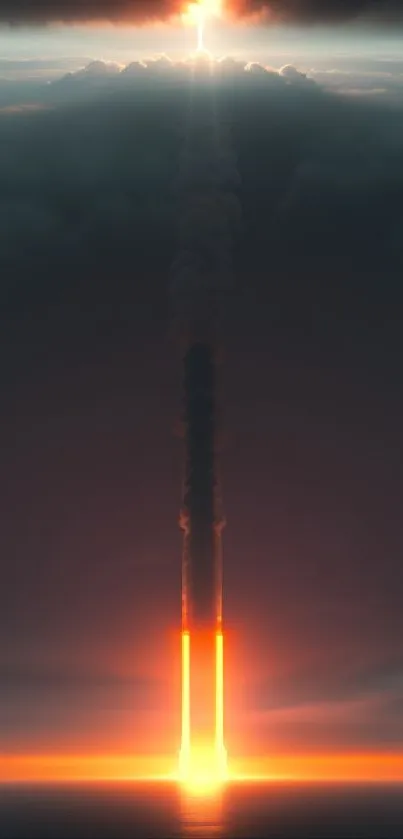 Epic rocket launch with fiery trails and dark cloudy sky.