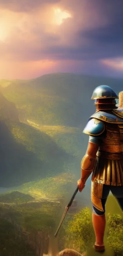 Epic Roman warrior overlooking a vast green valley with a dramatic sky.