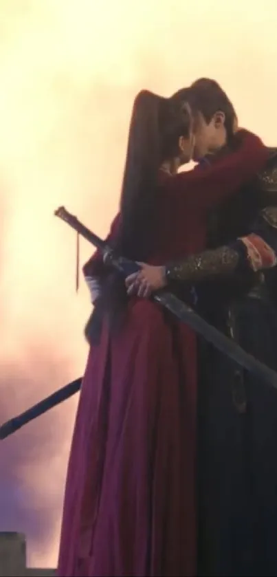 Epic romance warriors embrace in dramatic fantasy scene.