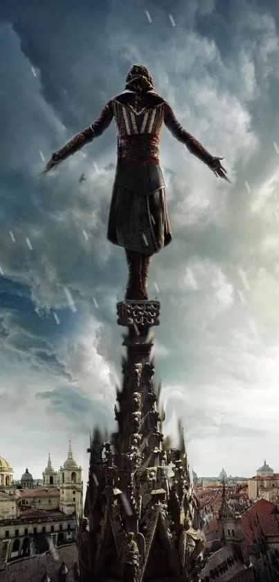 Epic wallpaper of a figure on a spire with a dramatic sky, perfect for adventure theme.