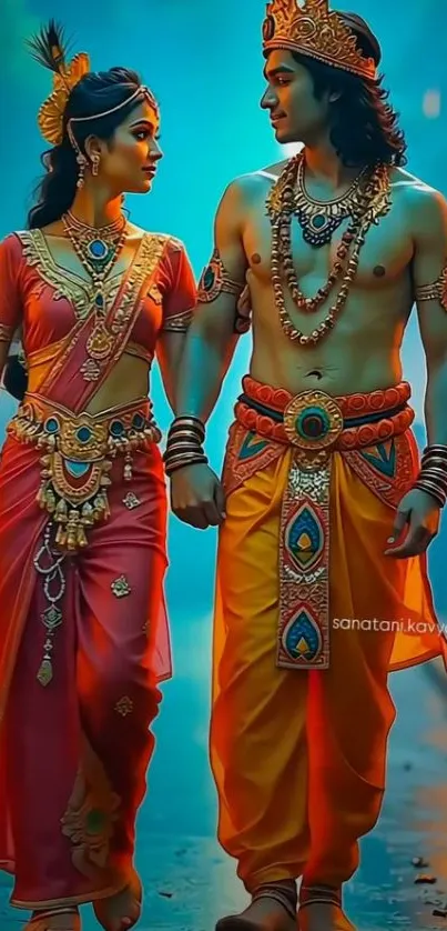 Royal couple in traditional Indian attire walking together.