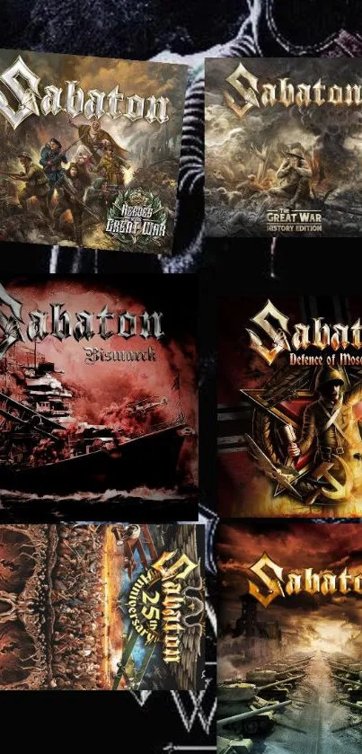 Collage of iconic Sabaton album covers on a mobile wallpaper.