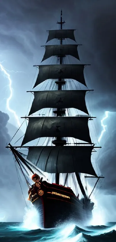 Majestic sailboat braves stormy seas and lightning under dark skies.