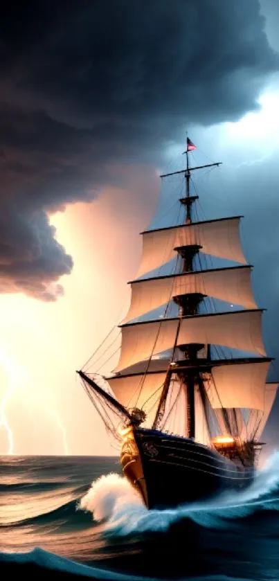 Sailing ship braving a stormy sea with dramatic skies and lightning.