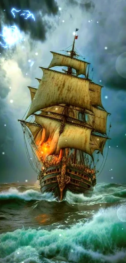 Epic sailing ship on stormy seas with dramatic clouds.