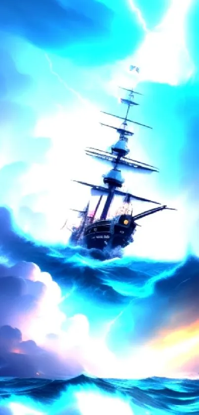 Majestic ship sails through stormy seas under a bright, electrifying sky.