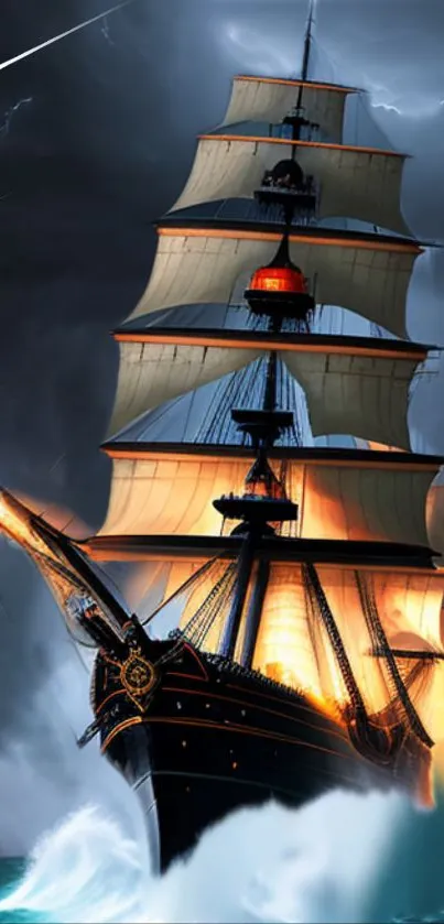 Epic sailing ship with stormy sky and dramatic lighting on mobile wallpaper.