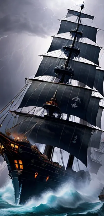 Majestic sailing ship battles a storm at sea, with lightning in the sky.