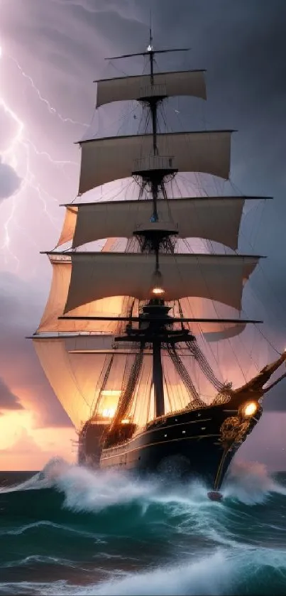 Sailing ship in a storm with lightning, creating a dramatic ocean scene.