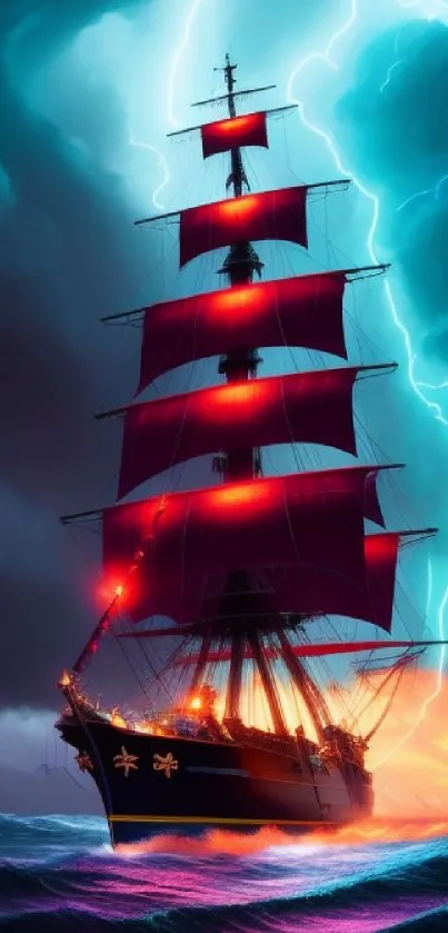 Majestic sailing ship in storm with vibrant lightning and ocean waves.