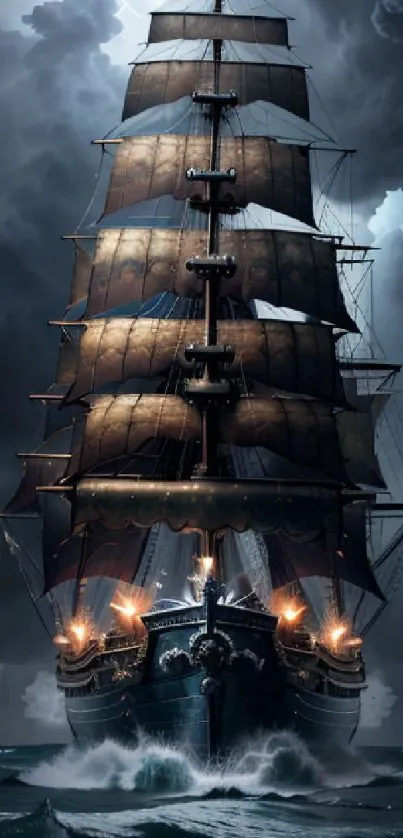 Dramatic sailing ship in a stormy sea with dark clouds.