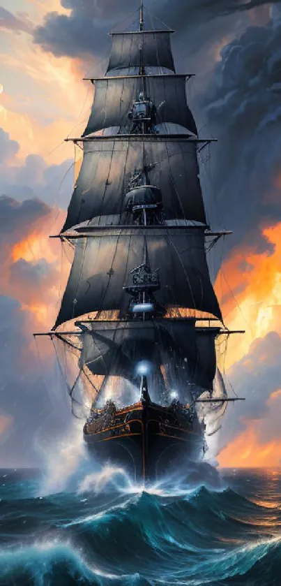 Majestic sailing ship in a stormy sea with dramatic skies.