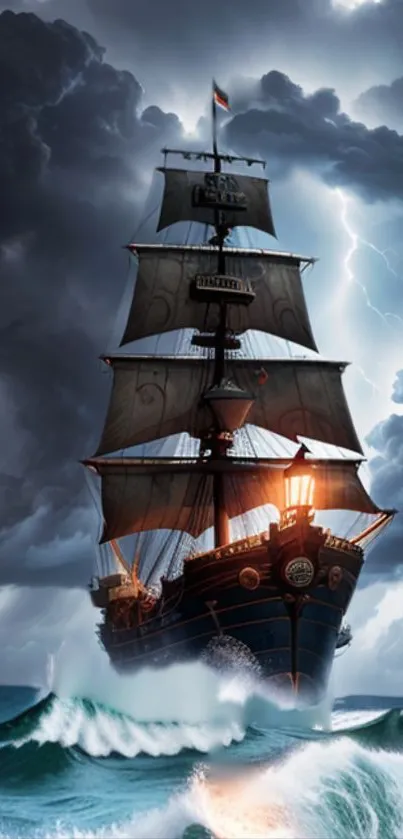 Majestic sailing ship with storm clouds and ocean waves.