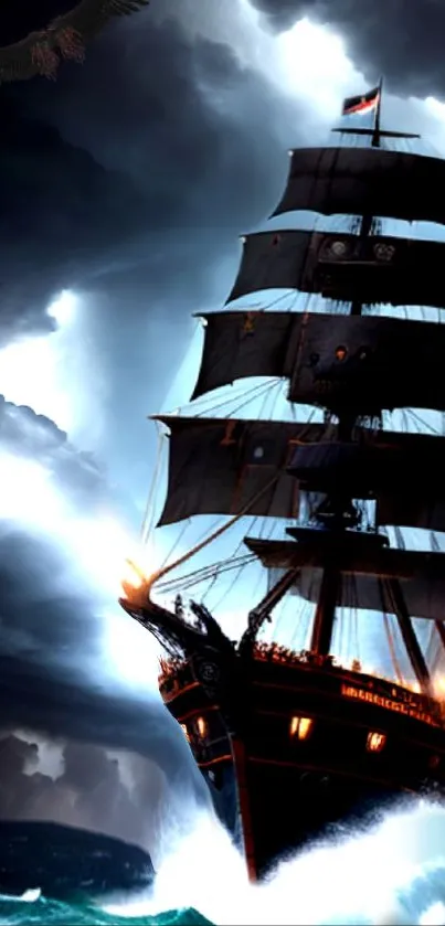 Majestic tall ship sails through stormy seas under a dramatic dark sky.