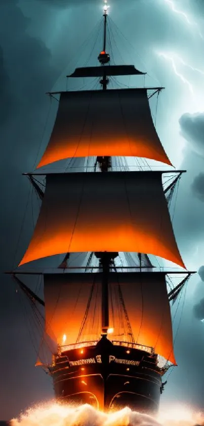 Epic sailing ship amidst a stormy sea with dramatic lightning.