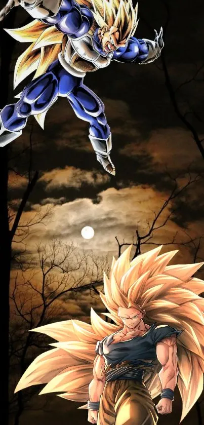 Epic Saiyan warriors clash in a night scene under a full moon.