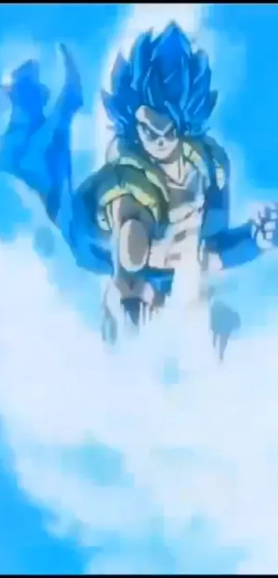 Powerful Saiyan warrior surrounded by blue energy.