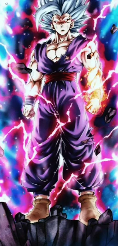 Anime warrior with electric aura in purple hues.