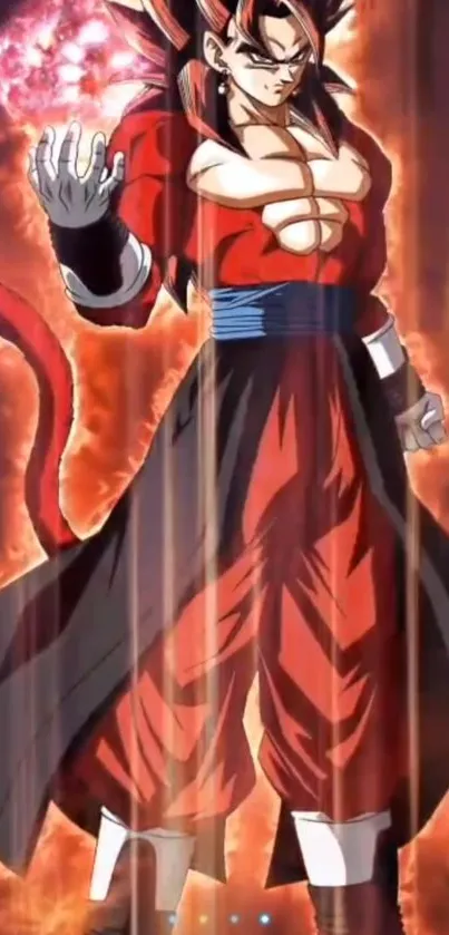 Epic Saiyan warrior with fiery red aura in dynamic pose.