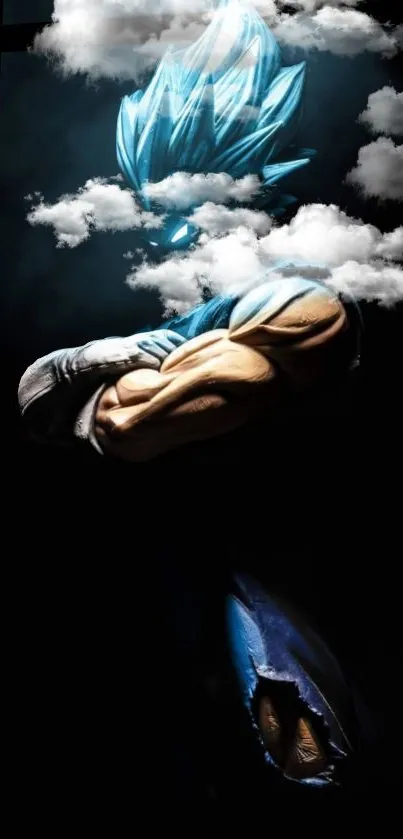 Saiyan warrior with blue hair amidst clouds mobile wallpaper.