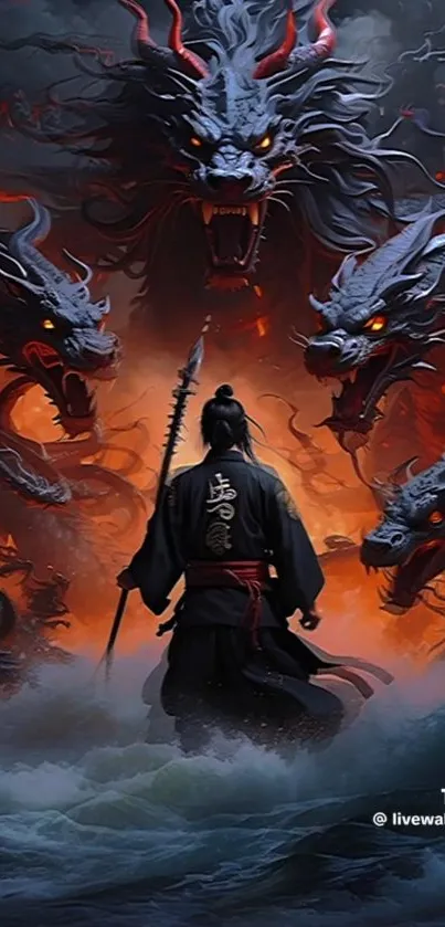 Samurai facing multiple dragons in fiery backdrop.