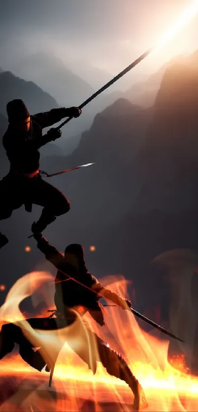 Two silhouette samurais duel against a fiery background at night.