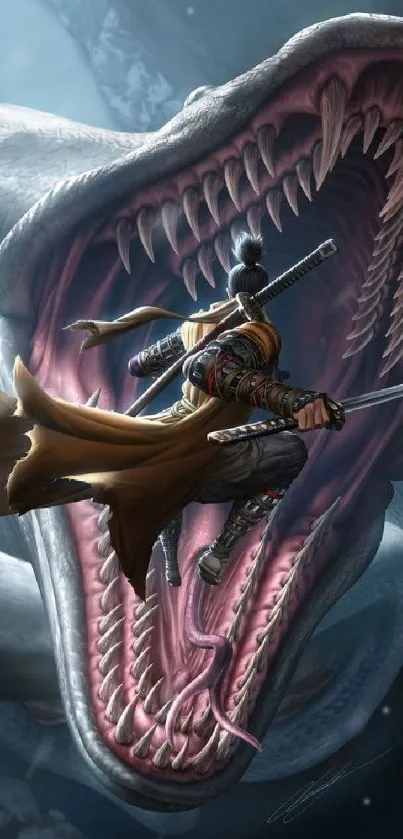 Samurai warrior battles giant monster in epic fantasy scene wallpaper.