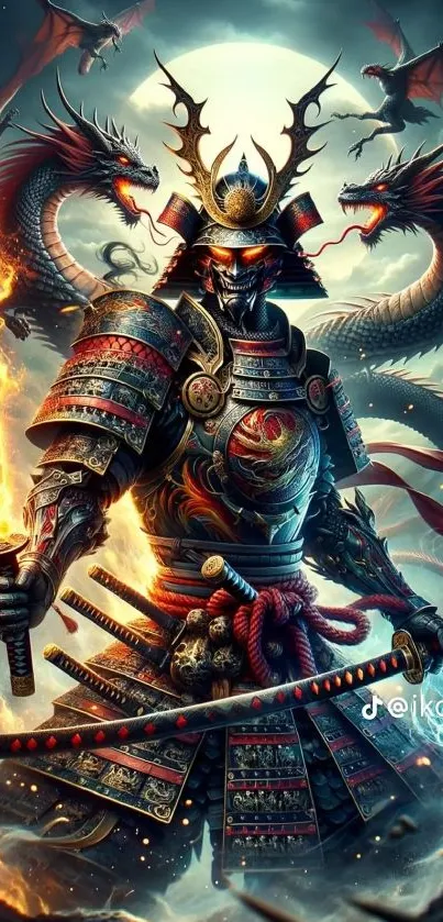 Samurai warrior with dragons and blazing sword in epic wallpaper.