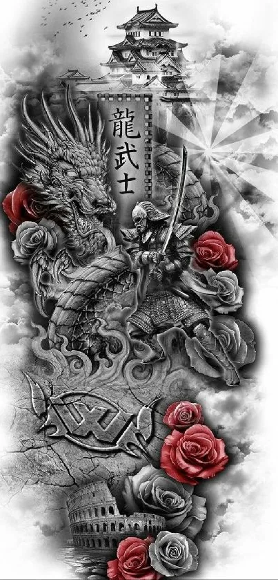 Samurai and dragon with roses and castle in grayscale.